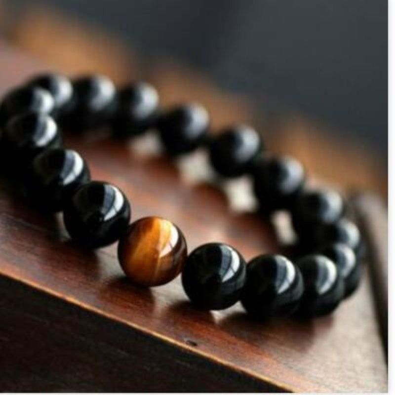 JC-241230BBJ-049  Natural Black Onyx With Stone Tiger Eyes Energy Bracelet