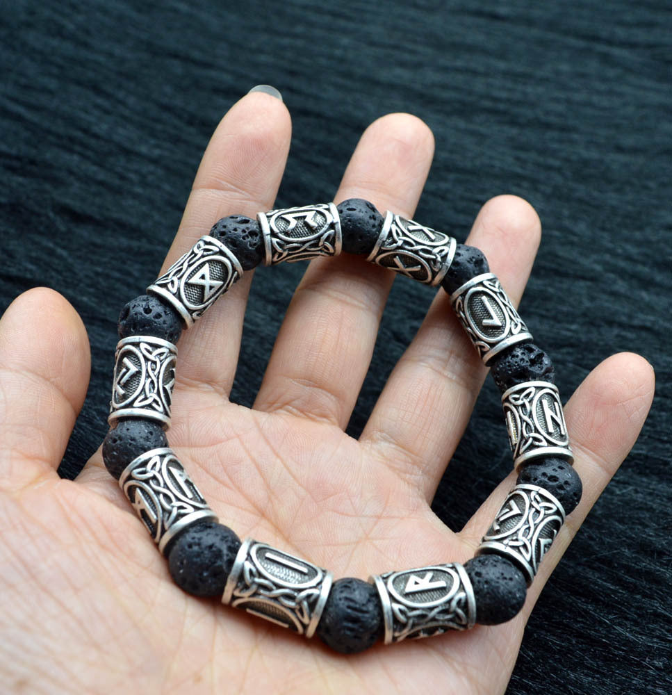 JC-241230BBJ-053  Asgard Crafted Silver Rune And Black Lava Stone Bracelet