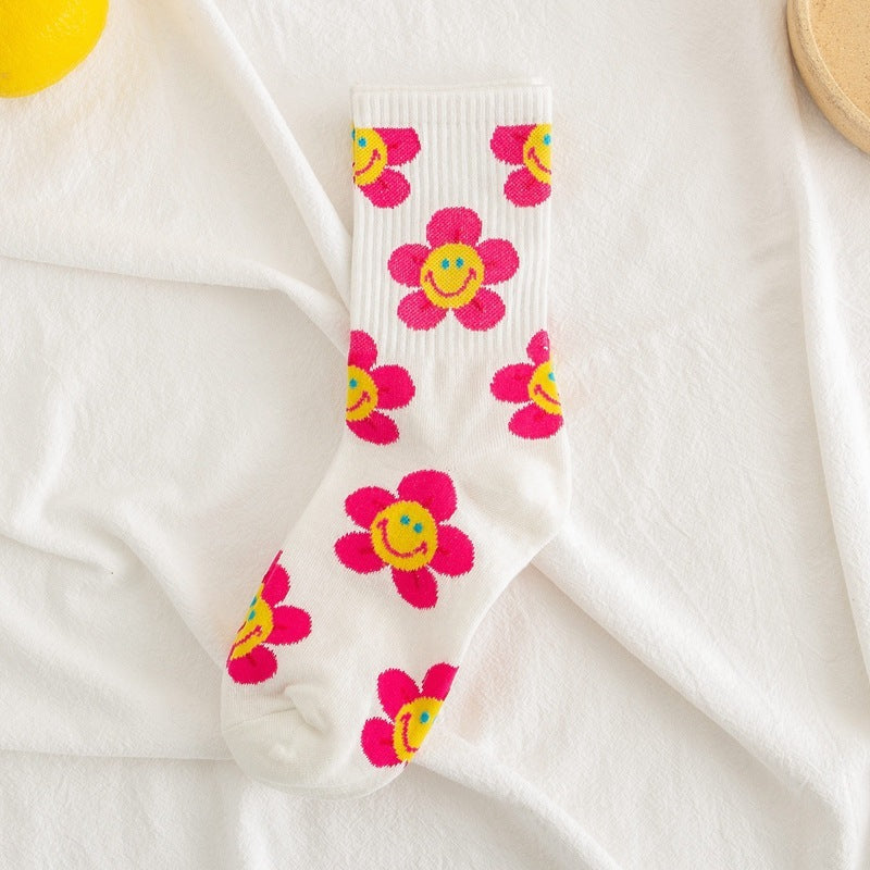 JC-056SCK-24  Socks Women's Smiling Flower Female Middle Tube Socks SUNFLOWER Jacquard Socks