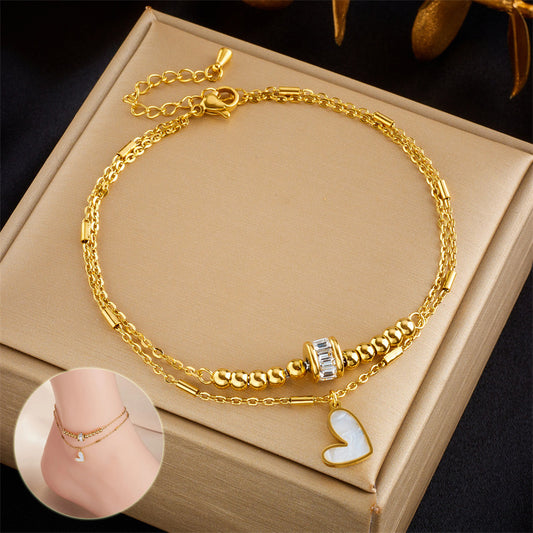 JC-241230BBJ-022  Fashion Jewelry Boho Classic Love Heart Ankle Chain Double Layer Chain Bracelet Anklet Charm Tassel Leg Chain On Foot Chain Women Party Jewelry Accessories