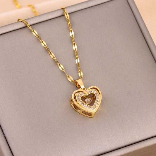 JC-250106NCL-051  Double-layer Love Necklace With Rhinestones Titanium Steel Pendant Fashion Jewelry Woman Valentines Day Gift