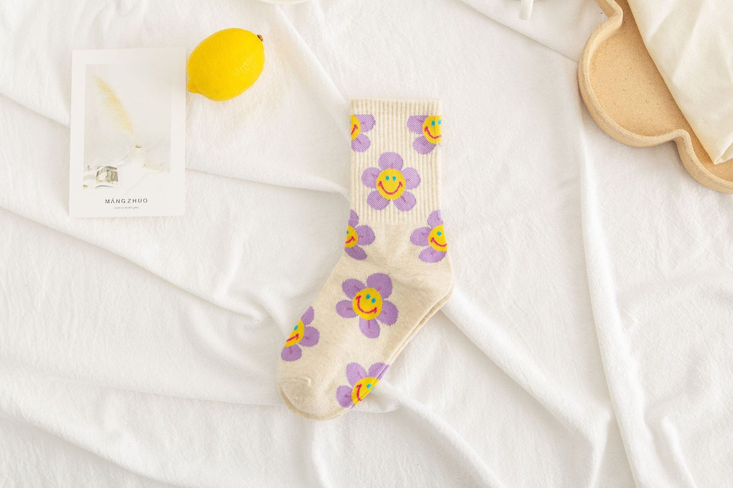 JC-056SCK-24  Socks Women's Smiling Flower Female Middle Tube Socks SUNFLOWER Jacquard Socks