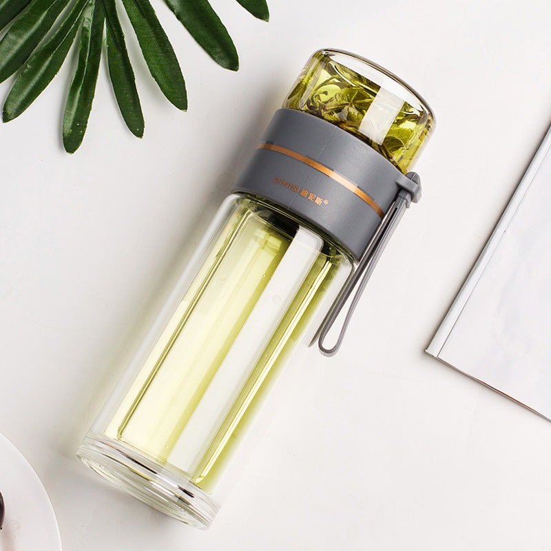 JC-250103DWR-026  Glass Water Bottle With Tea Infuser Filter Tea Separation Double Wall Glass Bottle Leakproof Water Bottle