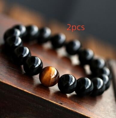 JC-241230BBJ-049  Natural Black Onyx With Stone Tiger Eyes Energy Bracelet