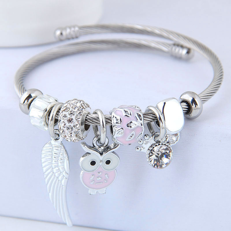 JC-241230BBJ-019  DIY Beaded Owl Angel Wings Pendant Stainless Steel Bracelet