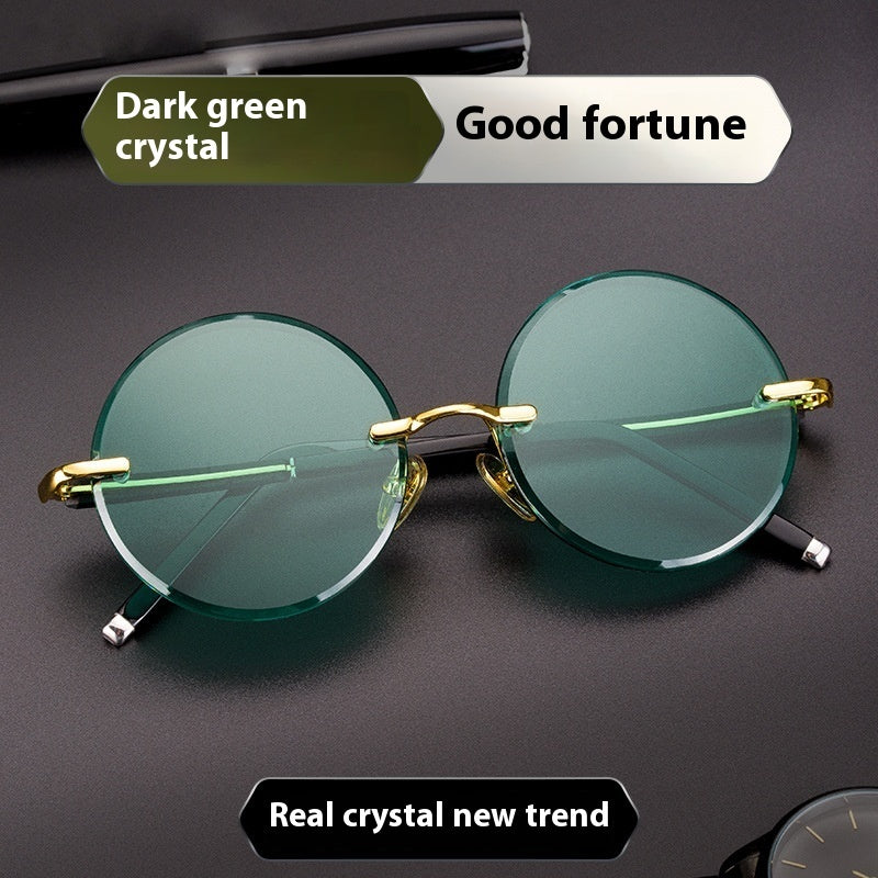 JC-250105MGL-052  Imitation Crystal Glasses Dark Green Men's Round Sunglasses