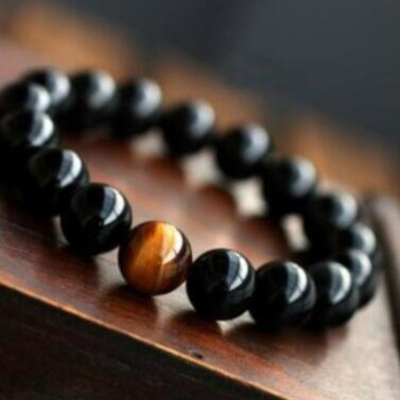 JC-241230BBJ-049  Natural Black Onyx With Stone Tiger Eyes Energy Bracelet