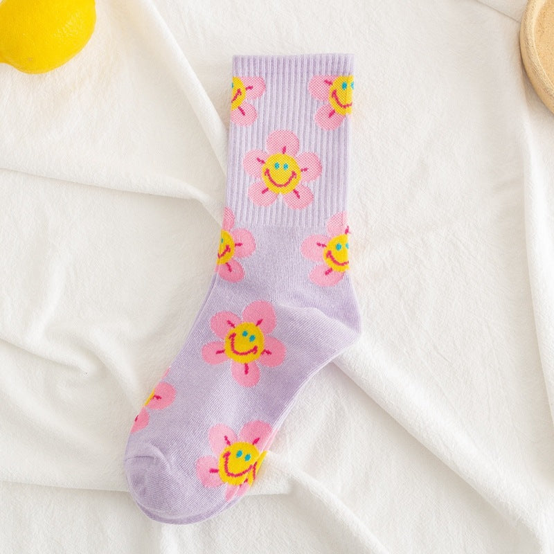 JC-056SCK-24  Socks Women's Smiling Flower Female Middle Tube Socks SUNFLOWER Jacquard Socks